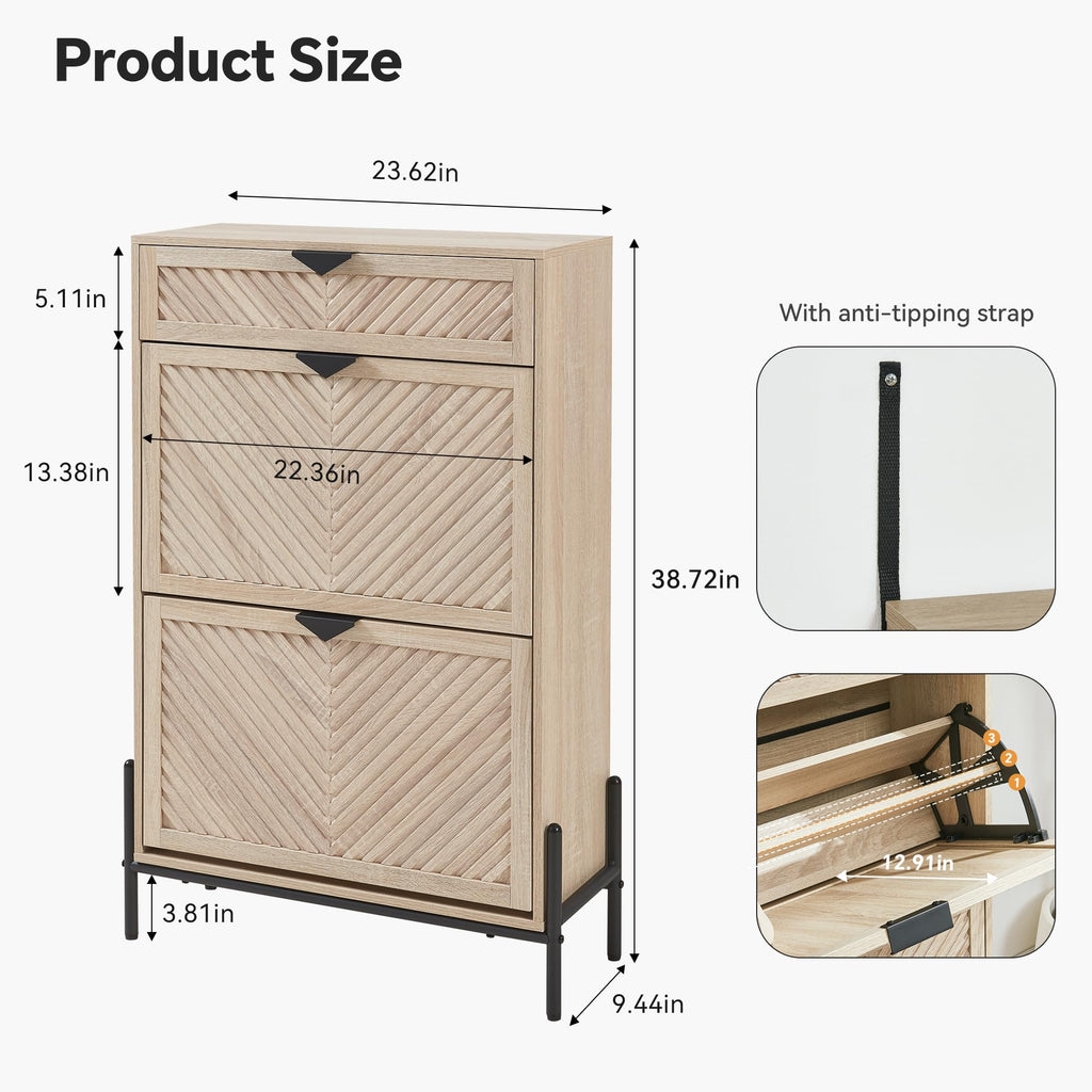 Shoe Cabinet with 2 Flip Drawers, Narrow Entryway Rack, Oak