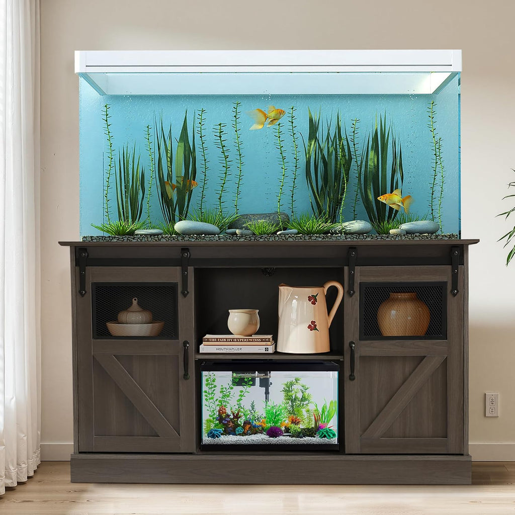 55-75 Gallon Fish Tank Stand with Power Outlet & Sliding Barn Doors