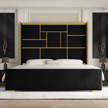 King Bed Frame and Gold Trim Headboard, Upholstered Bed, Black