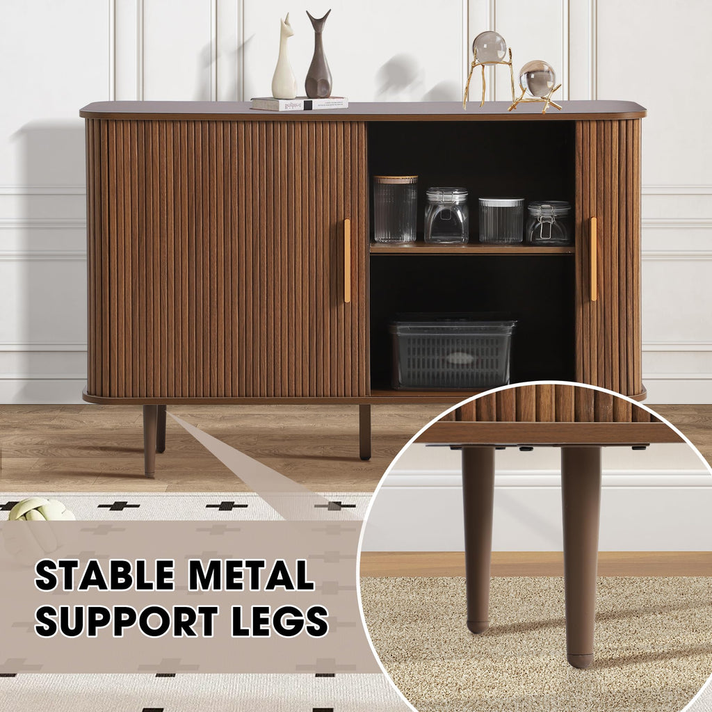 47" Sideboard Buffet Cabinet with Fluted Slide Doors, Tambour Storage Cabinets with Adjustable Shelves, Credenza