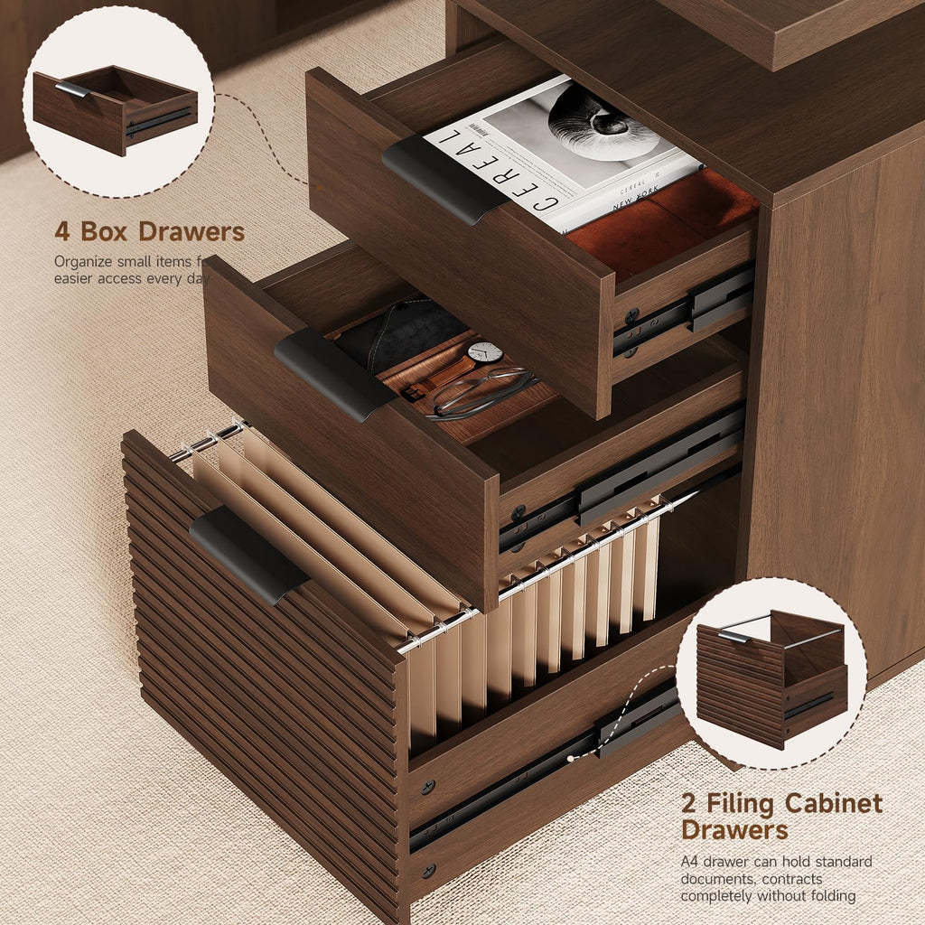 63" Electric Standing Desk with 6 Drawers, Storage Shelves, Walnut
