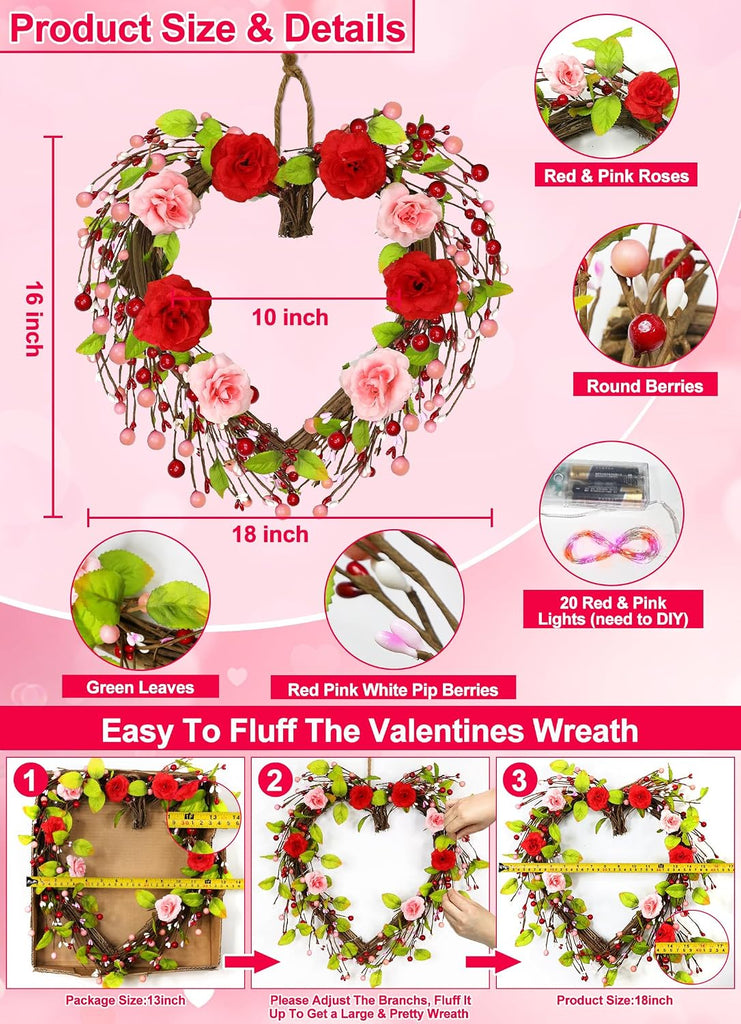 Valentines Day Wreath Decor with 20 Red and Pink Lights Timer, 18 Inch Valentines Wreaths for Front Door Rose Berry