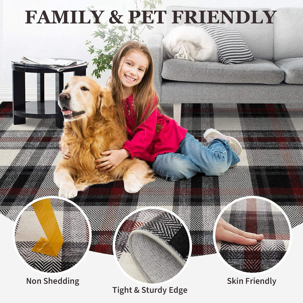 Washable Area Rug Modern Bedroom Rustic Large Plaid Area Rug Checkered Non Slip Throw Rugs Stain Resistant