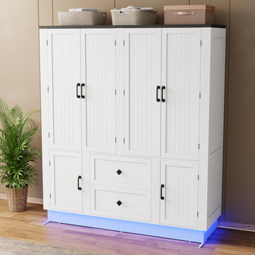 71" H White Wooden Armoire Wardrobe Closet with 6 Doors, LED lisght