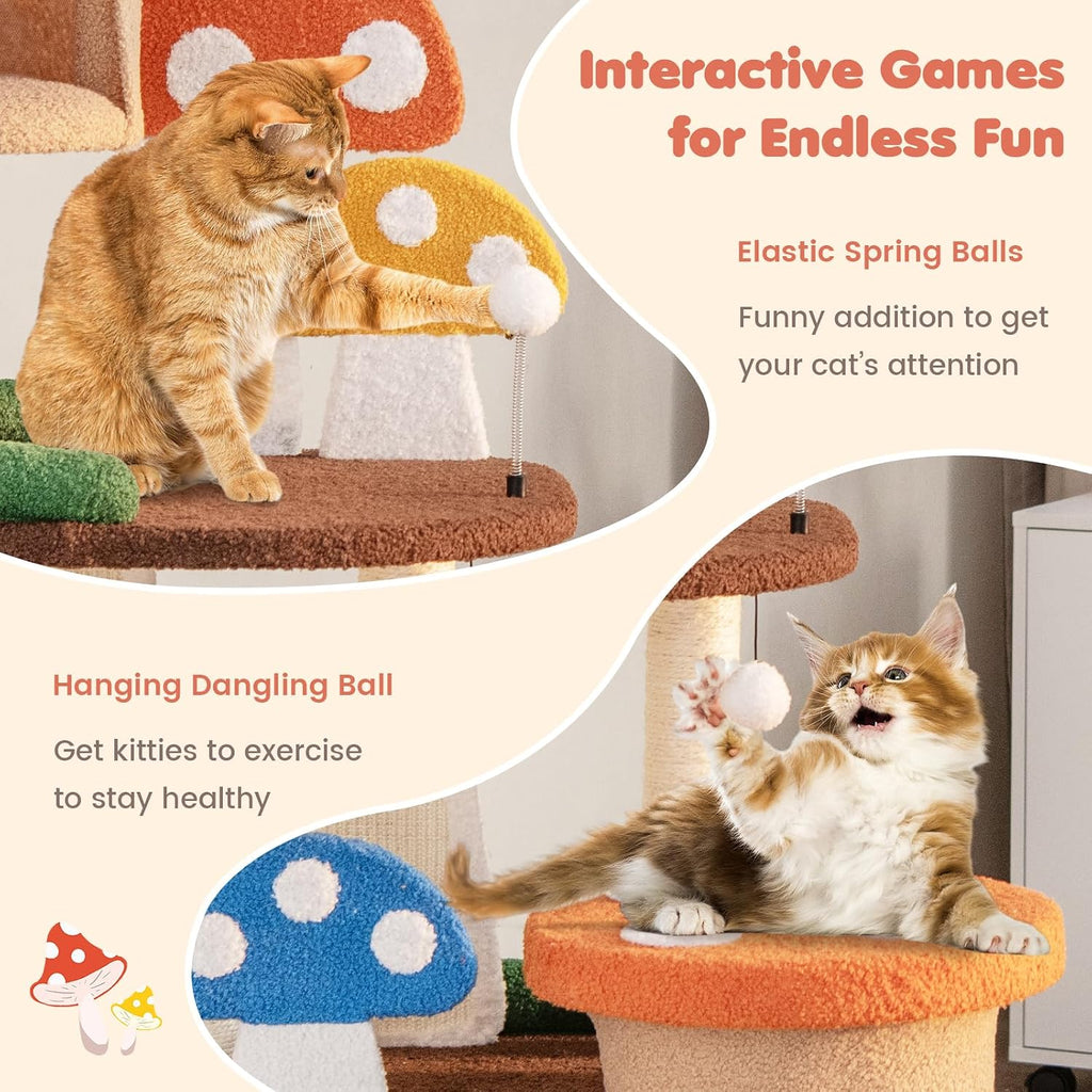 Mushroom Cat Tree, Multi-Level Cute Cat Tower with Full-Wrapped Sisal Posts, Scratching Boards & Interactive Balls, 2