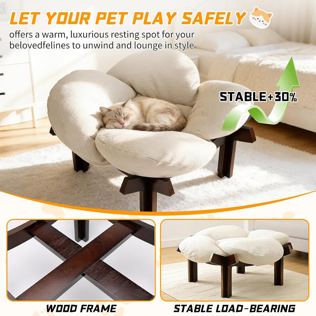 Elevated Wooden Cat Bed with Fluffy Cushion Raised Lounge Sofa