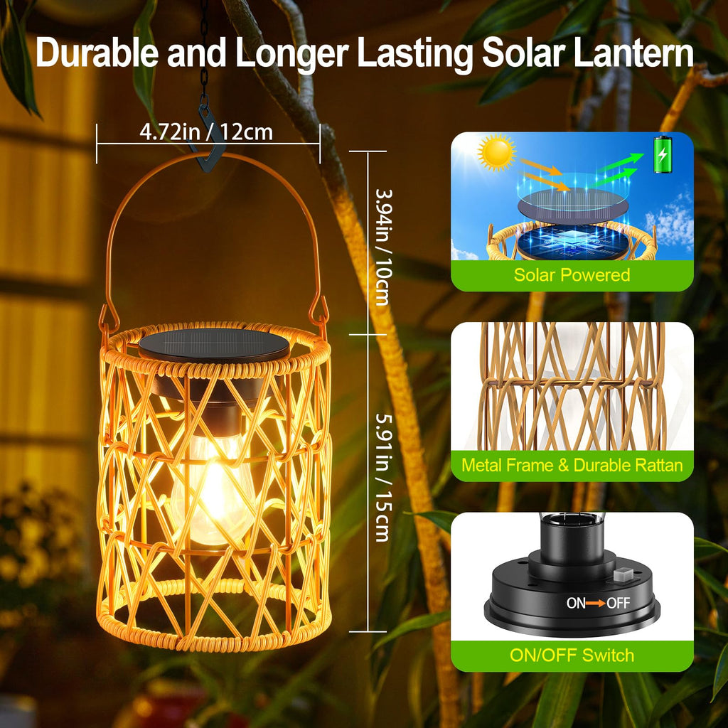 Solar Lantern Outdoor Lights, 2 Pack Bright Hanging Solar Lanterns Outdoor Waterproof with Handle, Decoration Rattan