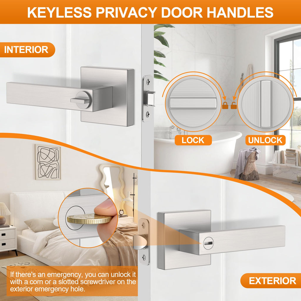 10 Pack Brushed Nickel Door Handle, Door Knobs Interior Heavy Duty, Flat Square Privacy Door Levers, Keyless Door