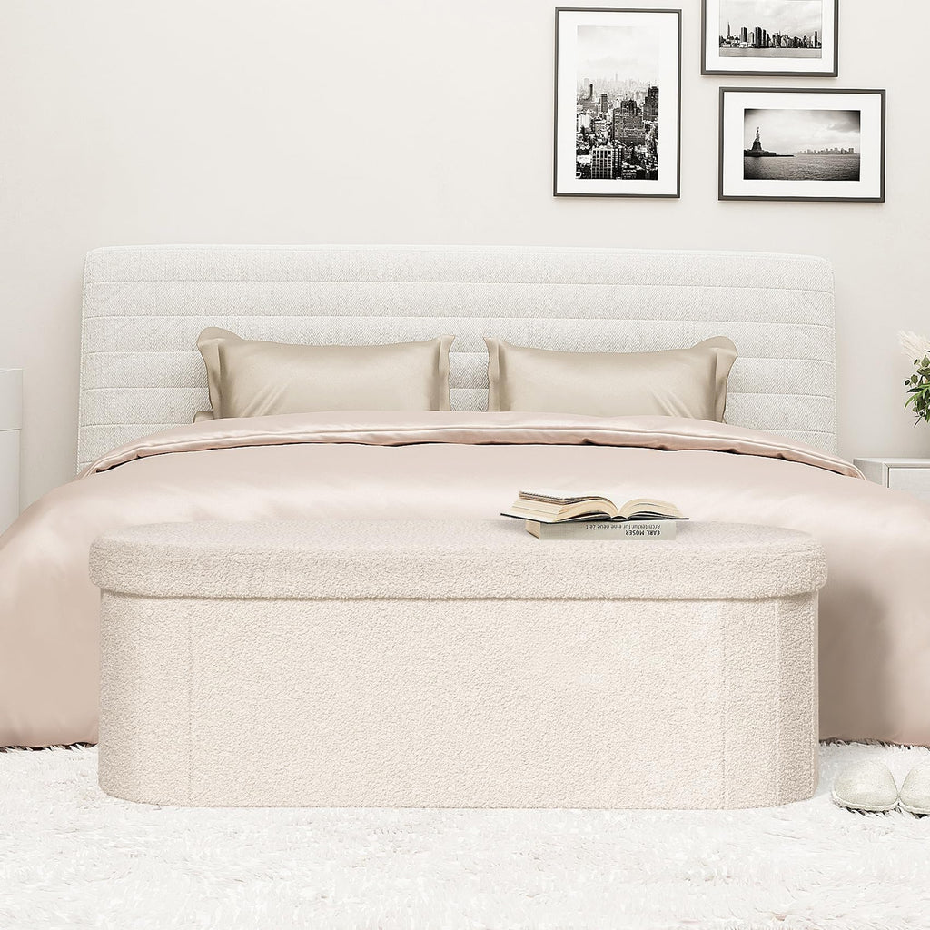 Storage Ottoman Bench Tufted Oval Ottomans Bench Foot Rest, Chest Box Velvet Bench with Storage, 43"x15"x15" (White)