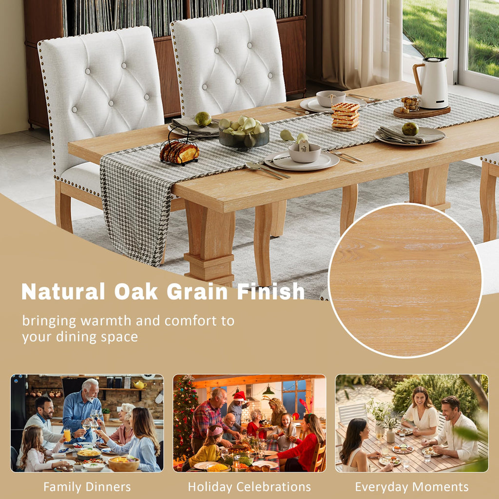 6-Piece Farmhouse Dining Table Set with Bench, Solid Wood Dining Room Table Set with 4 Upholstered Button Tufted