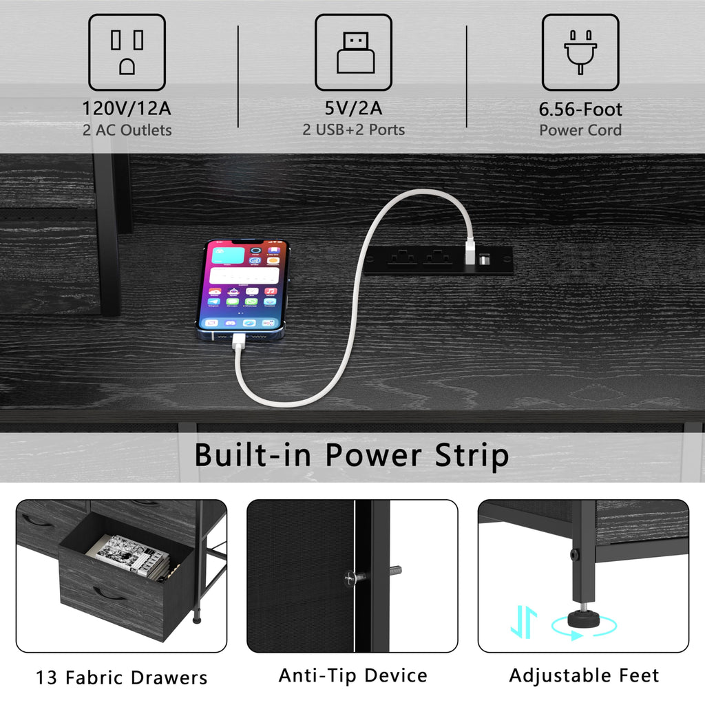 Black Dresser with Charging Station and LED Lights 13 Drawers Dressers Long Dressers & Chests of Drawers Hallway