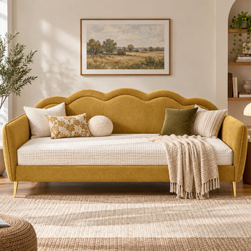 Twin Size Upholstered Daybed with Cloud-Shaped Backrest, Yellow