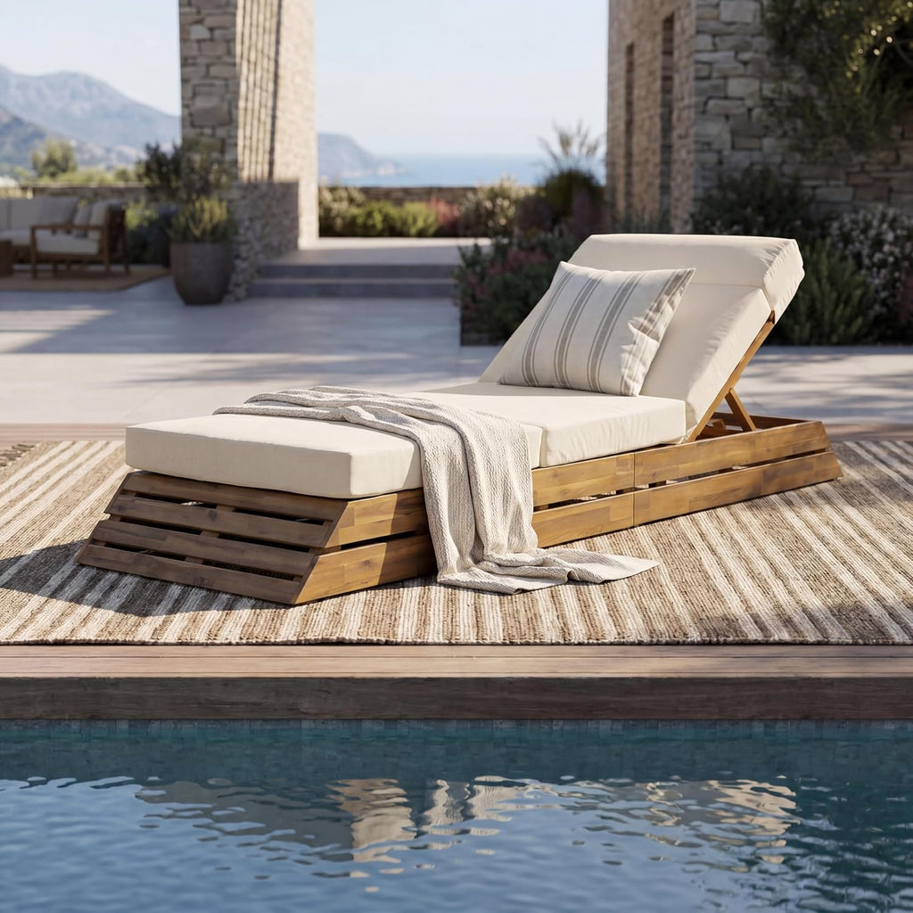 Acacia Wood Chaise Lounge Chair Outdoor with 4-Fold Cushion, Poolside Sun Lounger Recliner, Patio Chaise Lounge