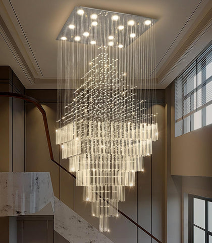 W40 x H120 Glam Chandelier with LED Bulbs Square Chandeliers, Crystal Raindrop High Ceiling Pendant Light for Entrance Large Villa Chandelier Foyer Lighting Fixtures Silver A100-B0F5PMB6GZ