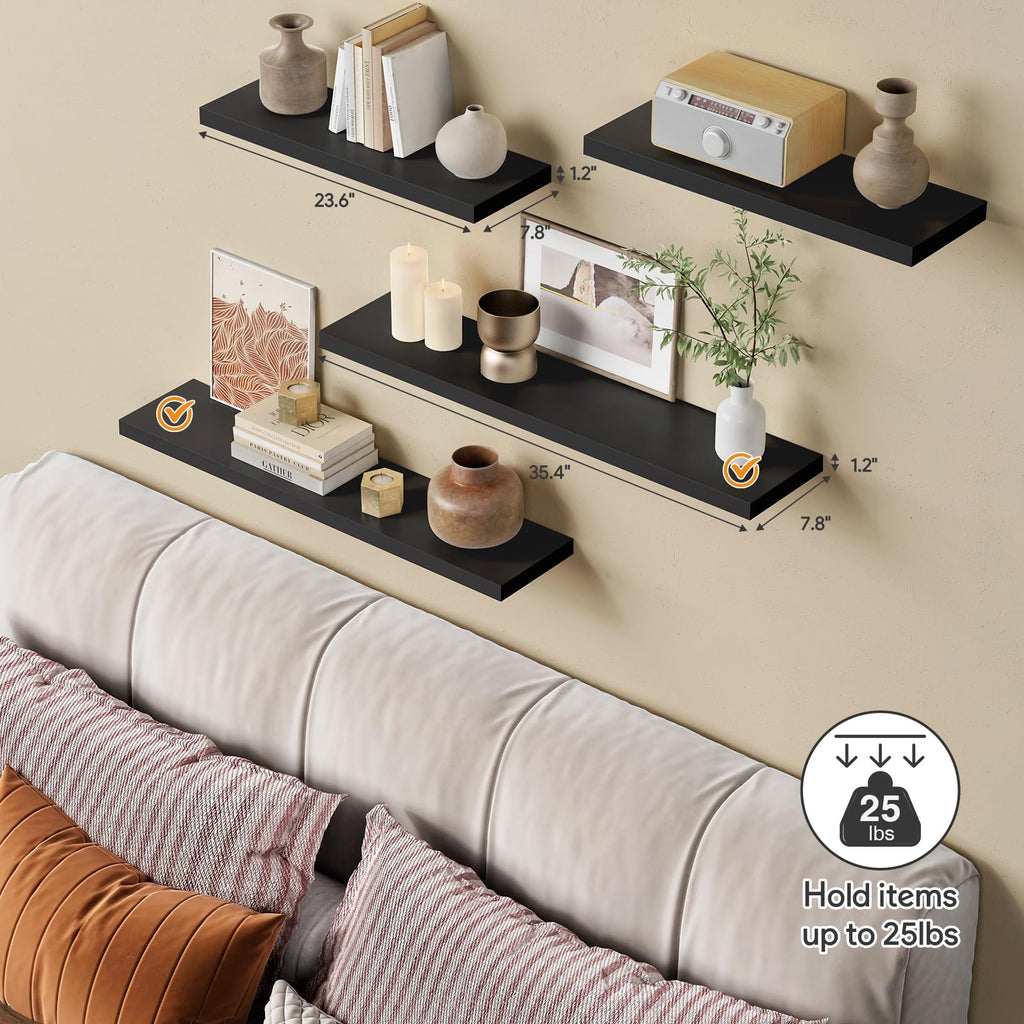 Large Floating Shelves for Wall 36 Inches Long 8 Inch Deep, Black Wall Shelves Bedroom, Heavy Duty Wooden Floating