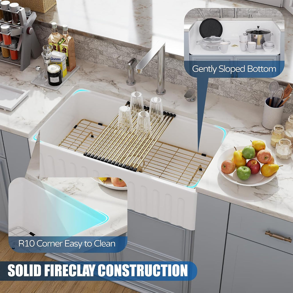 30 White Farmhouse Sink Reversible Workstation, Farm Apron Front Kitchen Sink 30x20 inch White Porcelain Ceramic