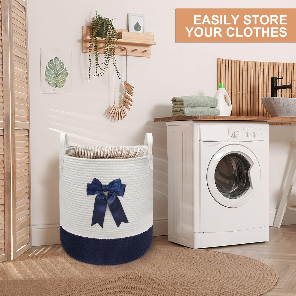 Blue Laundry Hamper with Bow, Tall Storage Basket