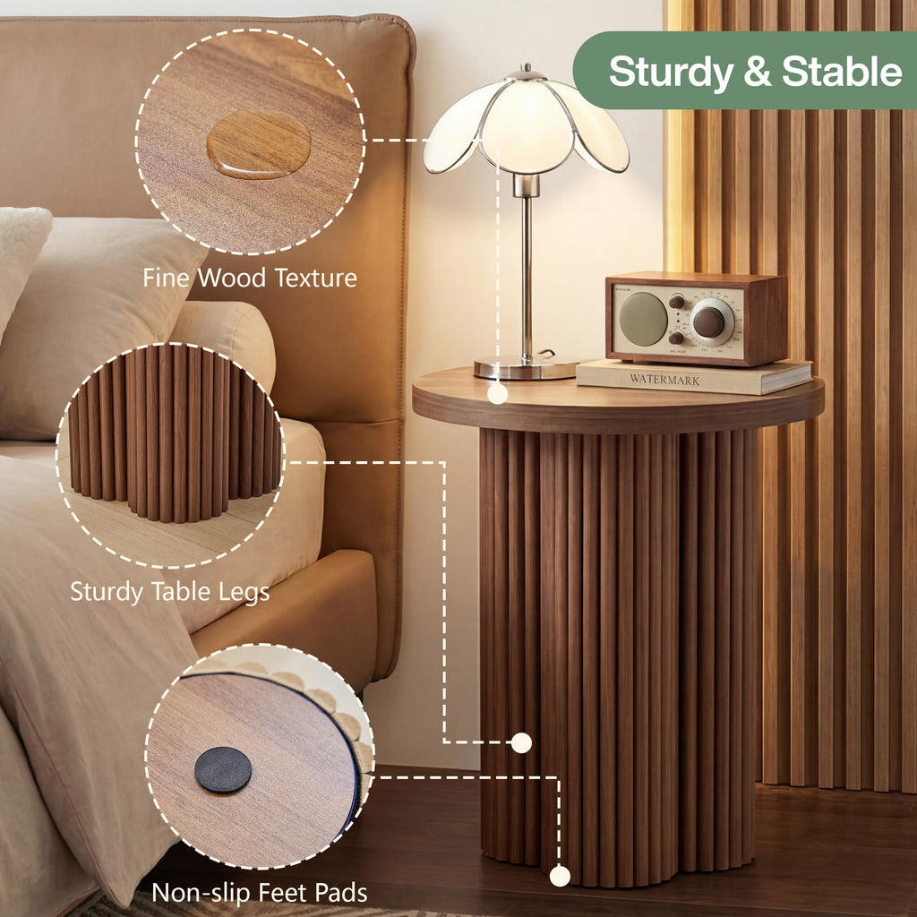 Round Fluted End Table, 17.7'' Mid Century Modern Side Table, Circle Bedside Tables Drink Table Wood Nightstand for
