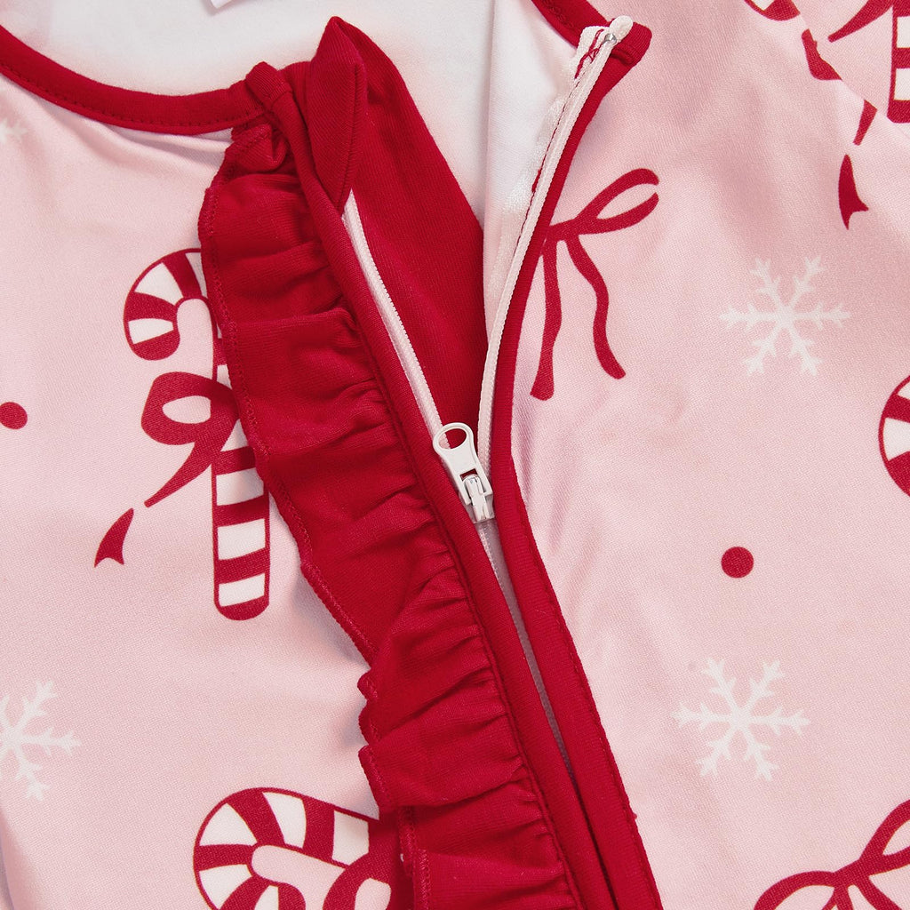 My First Christmas Baby Girl Outfit Newborn Bow Footie Jumpsuit Ruffle Zipper Romper Infant Coming Home Xmas Clothes