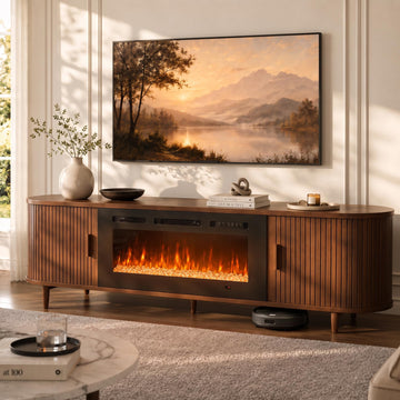 80′′ Fluted Fireplace TV Stand, Mid Century Modern TV Stand with 36′′ Fireplace for TVs Up to 90", Entertainment