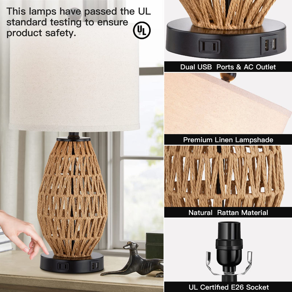 Touch Control Rattan Table Lamp, 3 Way Dimmable Bedside Lamp with 2 USB Ports and AC Outlet, Wicker Nightstand Lamps