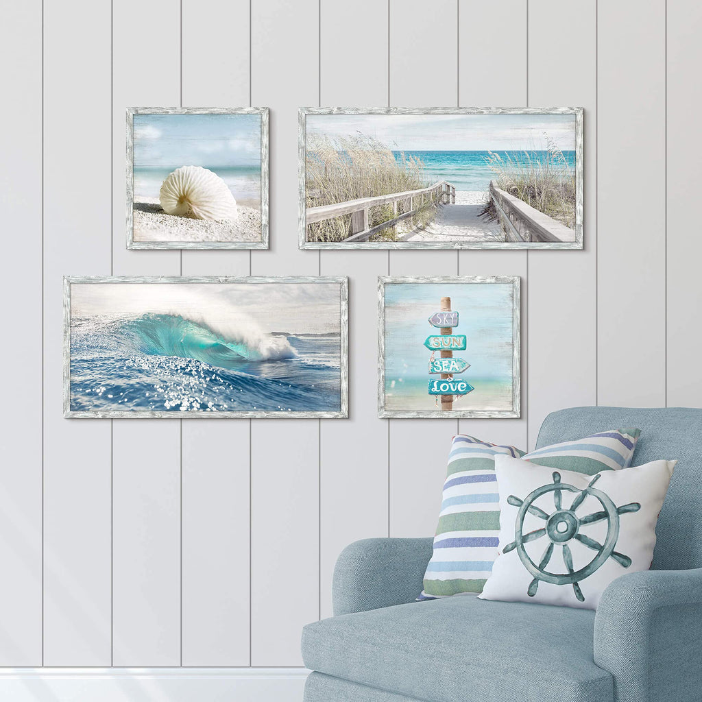 Ocean Pictures Wooden Artwork Framed - Seascape Rolling Wave Painting Multi-Panel Wall Art Prints Overall 48"W x 32"H