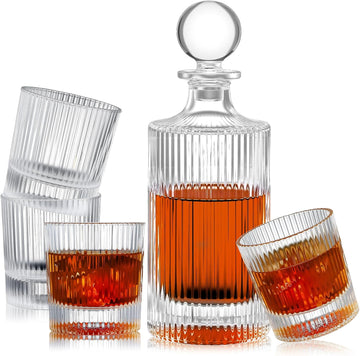 Whiskey Decanter Set with 4 Old Fashioned Whiskey Glasses, 27oz Liquor Decanter & 10oz Bourbon Glasses, Vintage - Set of 5