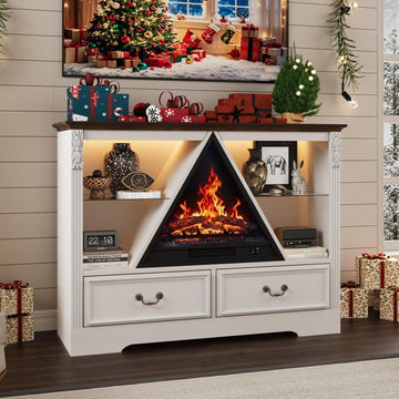 91" Electric Fireplace TV Stand with Mantel, Antique White Entertainment Center with Carving Holds TV up to 100 Inch