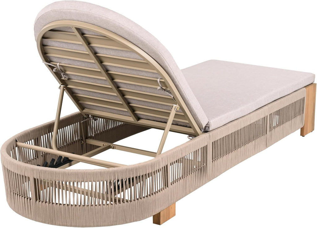 Outdoor Chaise Lounge Chair with Adjustable Backrest & Waterproof Cushion - Acacia Wood Pool Sun Lounger, Beige