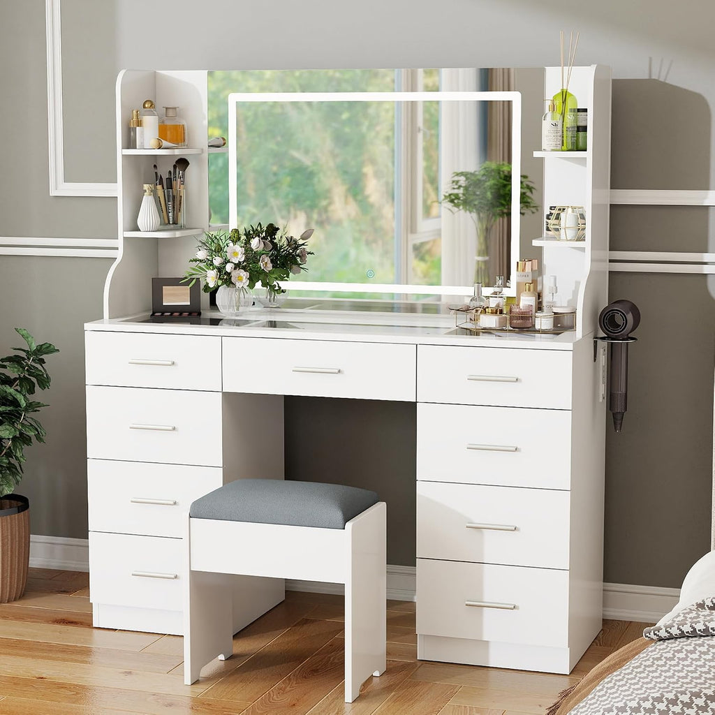 Vanity Desk with Mirror and Lights: 46" Makeup Vanity with 9 Drawers, Large Make Up Desk with Chair, Dressing Table
