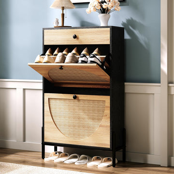Shoe Cabinet with 2 Flip Drawers, Shoe Storage Cabinet, Free Standing Shoe Storage Organizer with Rattan Doors Slim