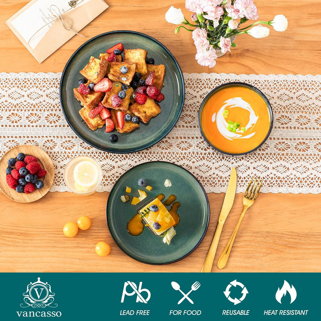 Starry 12 Pieces Dinnerware Sets for 4, Green Reactive Glaze Dishes Sets, Ceramic Plates and Bowls Set