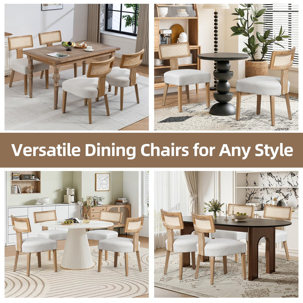 Mid-Century Modern Rattan Dining Chairs Set of 6 - Farmhouse Linen Upholstered Accent Chairs with Curved Backrest
