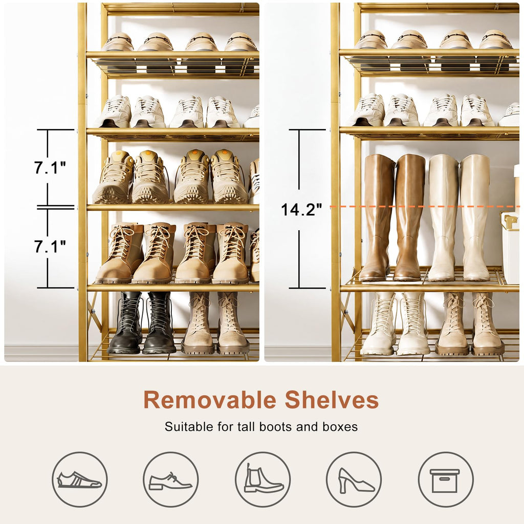 10 Tier Metal Shoe Rack with Wood Top, 30-40 Pairs Gold