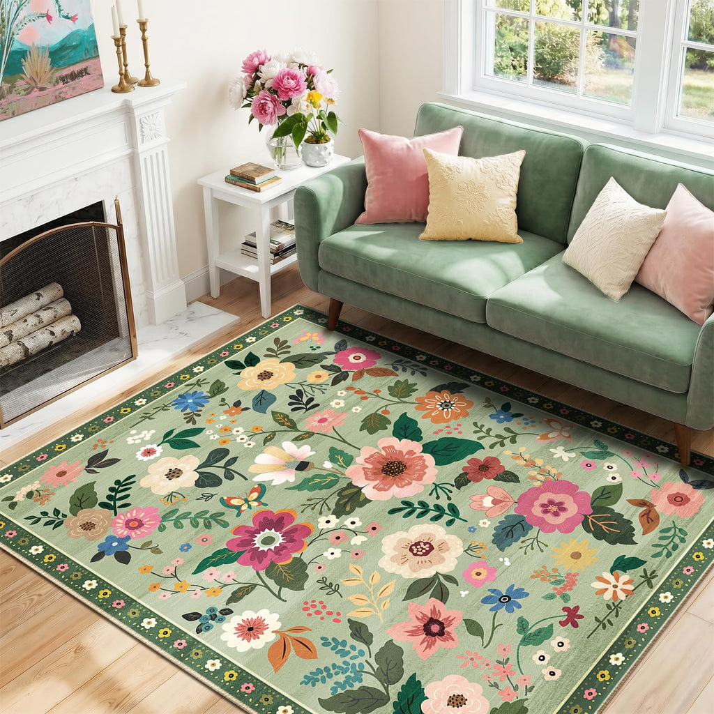 Floral Washable 4x6 Area Rugs LightGreen
