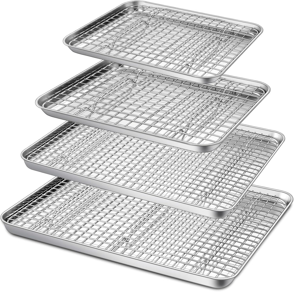 16 + 12.5 + 10.4 + 9 Inch Sheet & Rack, Pan and Grid Rack | 8 Pcs (4x Cookie Sheets + 4x Cooling Racks), 4 Sizes