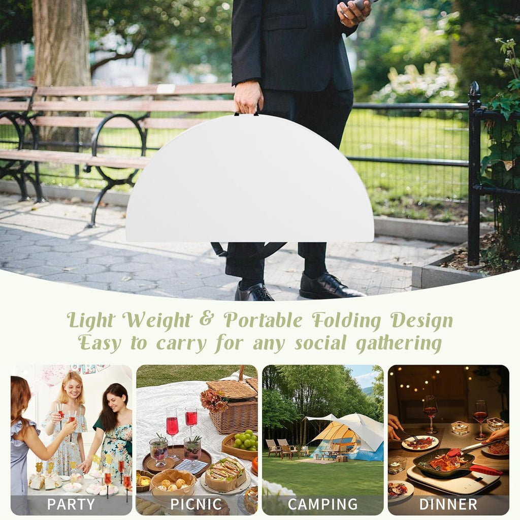 Round Folding Tables White Foldable Table, Fold-in-Half with Carrying Handle Portable Plastic Table for Party