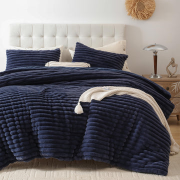 Fluffy Comforter 3 PCS - Navy Blue Fleece Bedding Set