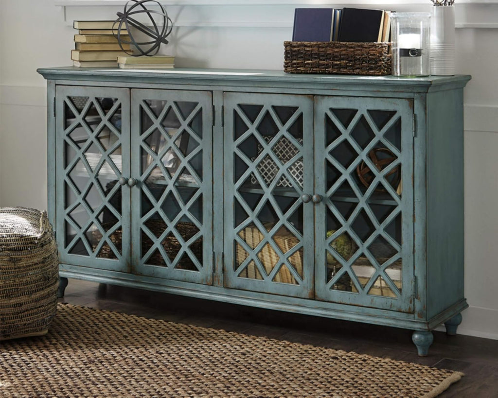 Mirimyn Vintage 69" 4-Door Accent Cabinet with Mirrored Glass and 2 Adjustable Shelves, Antique Blue