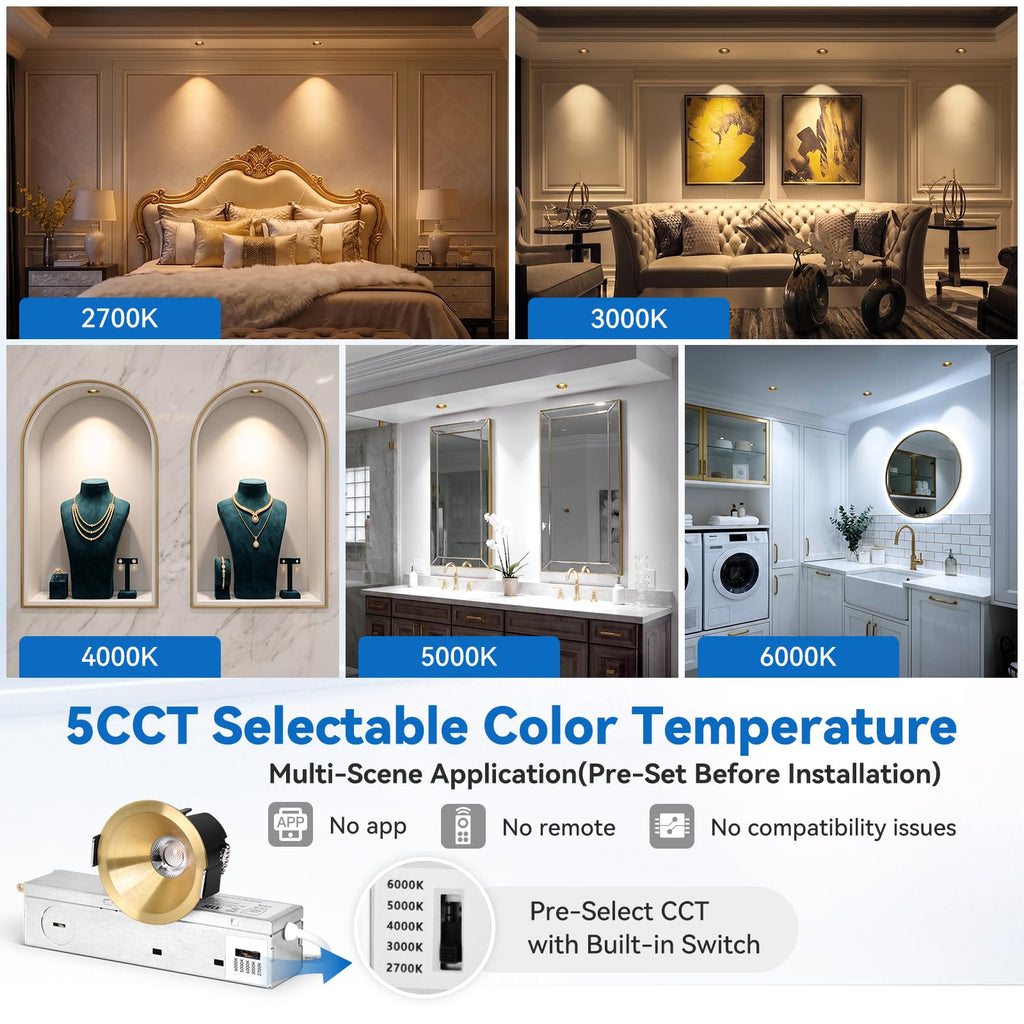 2 Inch Anti-Glare Gold Recessed LED Lights COB Spotlight, 6-Pack