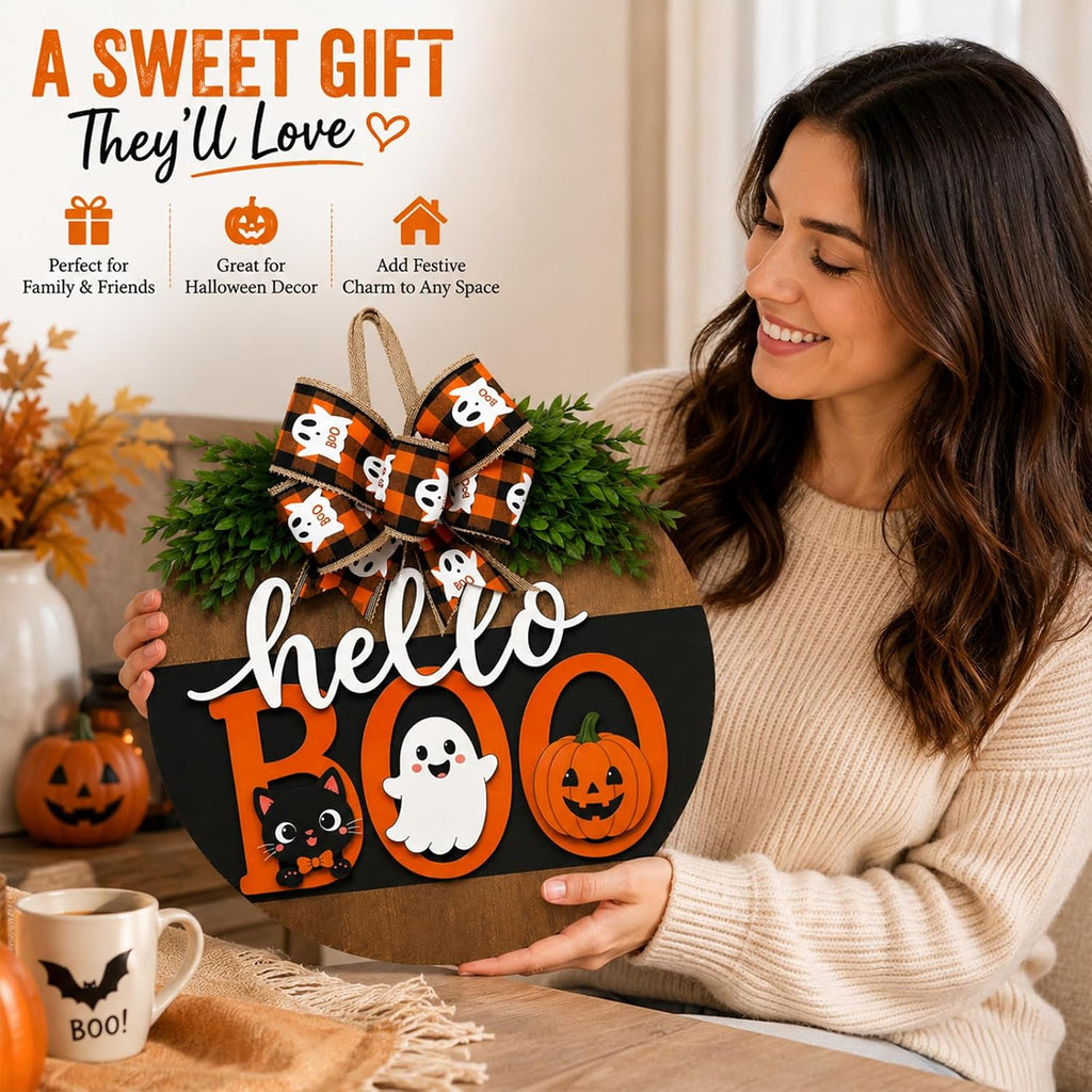 Halloween Wreaths for Front Door Cute Ghost Hanger Sign Decorations (Cute Ghost Wreath)