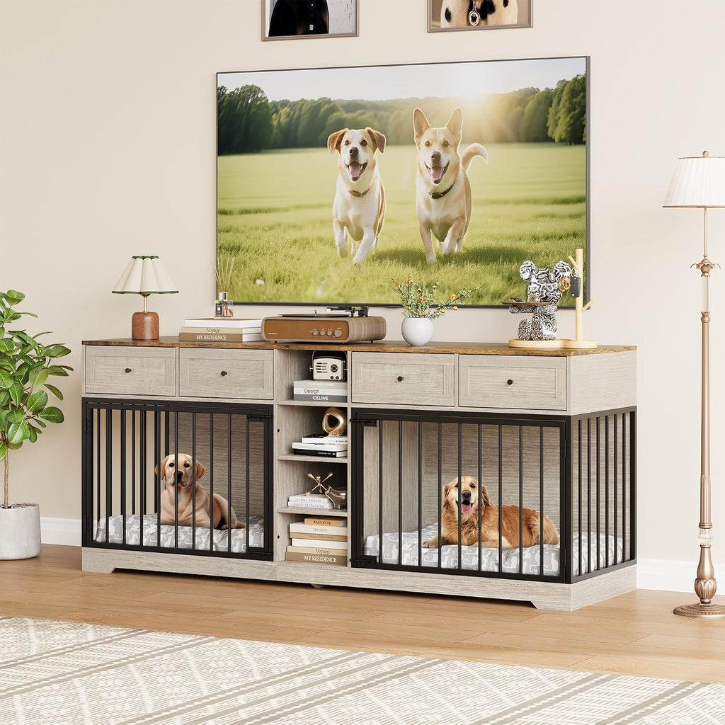 Double Dog Crate Furniture with Storage, Washed White