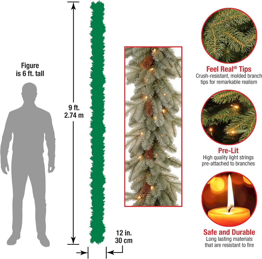 Tree Company 9ft Pre-Lit Arctic Spruce Christmas Garland | 50 Clear Lights, 350 Tips, Artificial Christmas Decoration