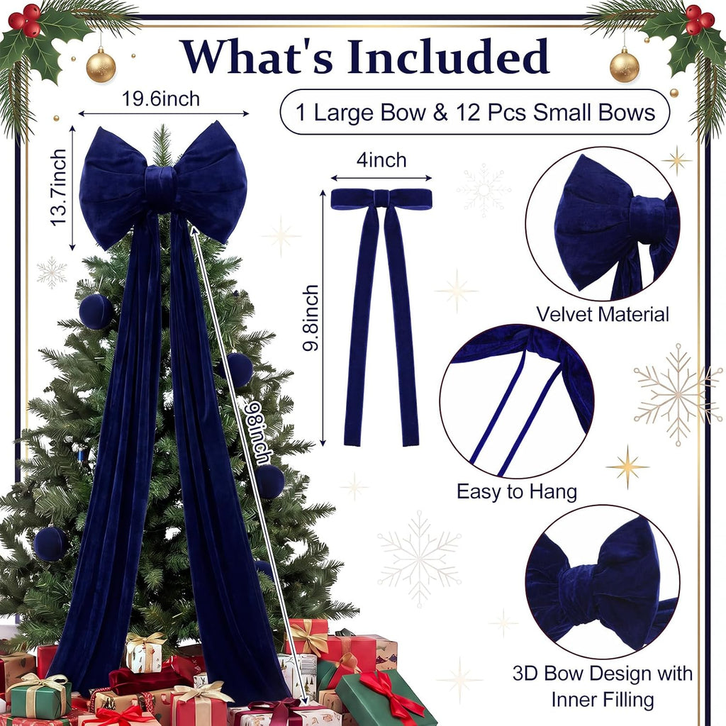 8.2ft Large Navy Blue Velvet Bow Christmas Tree Topper, 12pcs Ribbon Bows