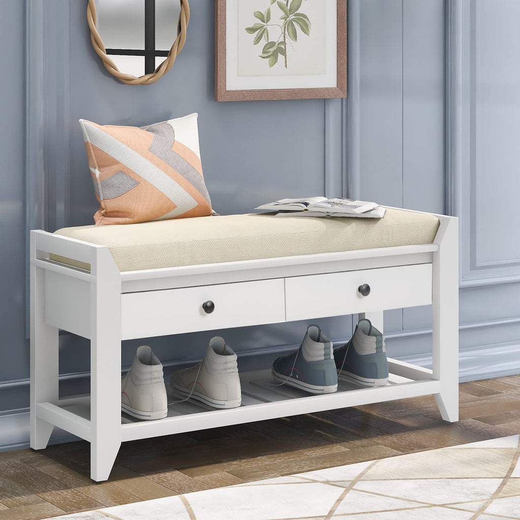 Farmhouse Wood Shoe Bench with Storage and Seat Cushion Entryway Bench with Shoe Shelf and Drawers White
