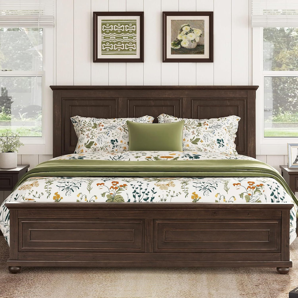 Farmhouse King Bed Frame with Tall Headboard, Wood Platform Bed and Footboard & Charging Station, Mid-Centery Rustic