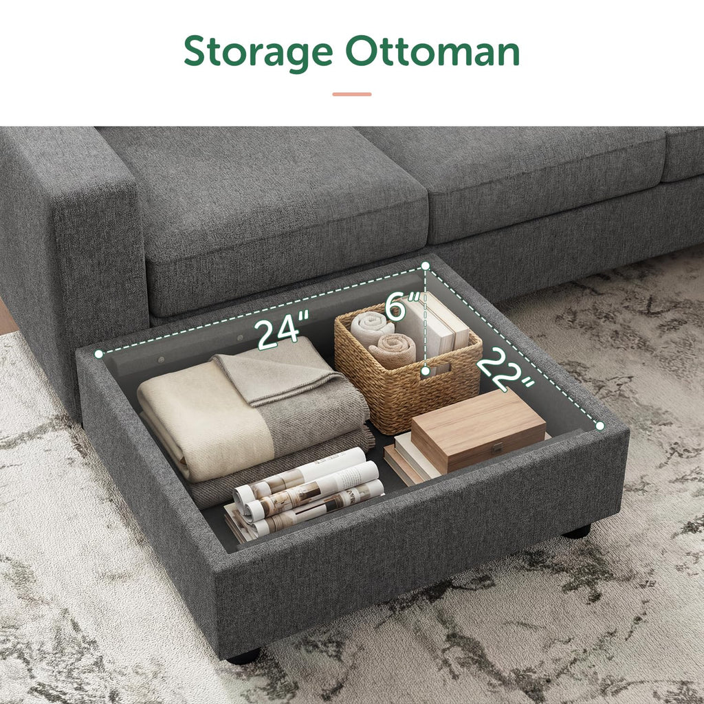 Sectional Sofa with Storage, U Shape Sofa with Chaise, 7 Seater Sectional Couch, Light Grey