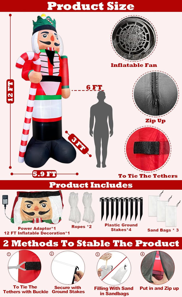 12 Ft by 5.9 Ft Christmas Inflatables Nutcracker Outdoor Decorations, Giant Christmas Blow up Hold Candy Cane Built