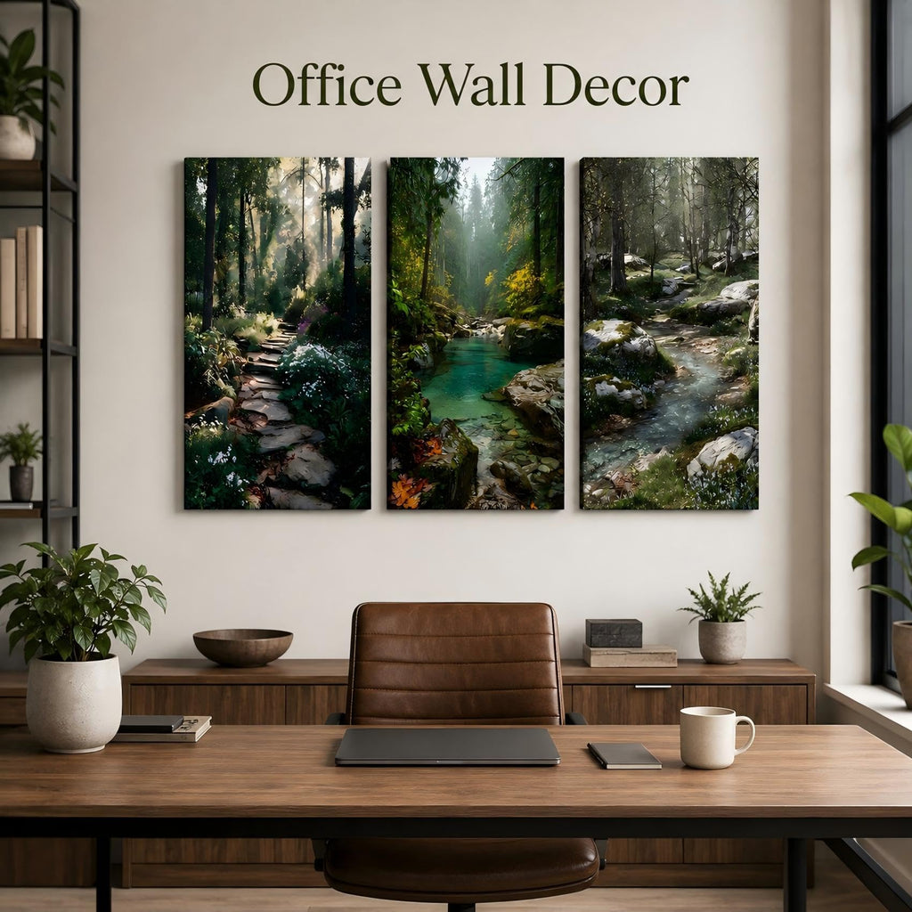 Framed 3‐Panel Canvas Wall Art, Lush Forest Stream Path Landscape Canvas Prints, Green Nature Scenery Woodland Creek