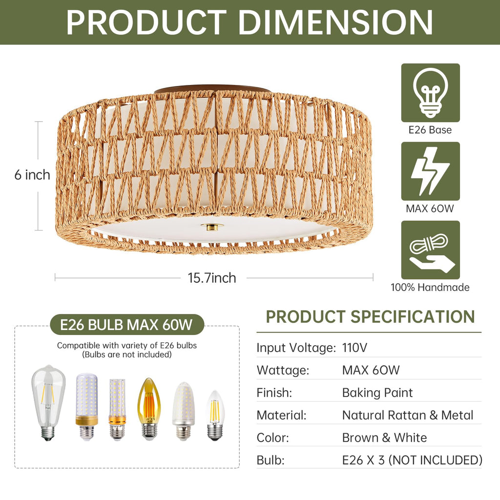 15.7" Rattan Ceiling Light, Boho Semi Flush Mount Light Fixture